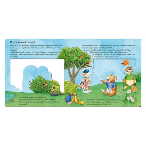 Illustration von Tieren auf einer Wiese mit deutschem Text zu einem Konzert, mit einem Frosch, Vögeln, einer Maus und Kaninchen.