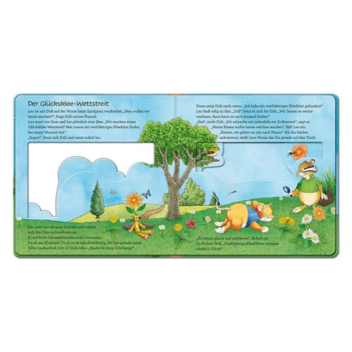 Illustrierte Kinderbuchseite mit Baum, Tieren und deutschem Text.