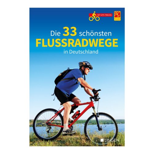 Radfahrer auf einem roten Fahrrad an einem Fluss