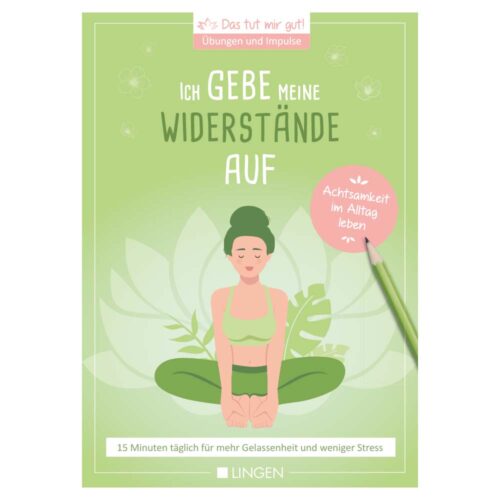 Illustration einer meditierenden Person, umgeben von Lotusblättern, mit einem Text, der zur Achtsamkeit auffordert.
