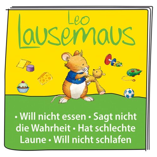 Cover des Buches „Leo Lausemaus“ mit einer Maus, die einen Teddybär hält, umgeben von Spielzeugen auf einem gelben und grünen Hintergrund.