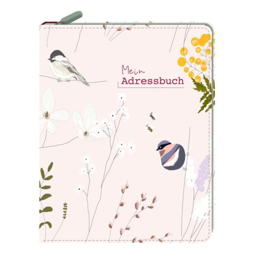 Adressbuchumschlag mit Vögeln, Blumen und „Mein Adressbuch“-Schriftzug auf hellem Hintergrund.
