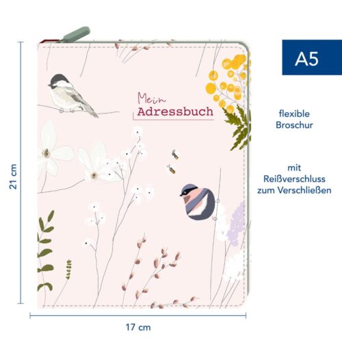 Deutsches A5-Adressbuch mit Blumen- und Vogeldesign, mit Maßangaben und Verschlussdetails.