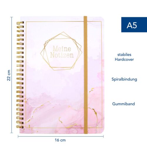 Rosafarbenes A5-Notizbuch mit „Meine Notizen“ auf dem Umschlag, Spiralbindung, Gummiband und Hardcover.
