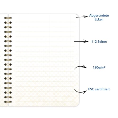 Offenes Notizbuch mit abgerundeten Ecken, 112 Seiten, 120g/m² Papier, und FSC-zertifiziert.