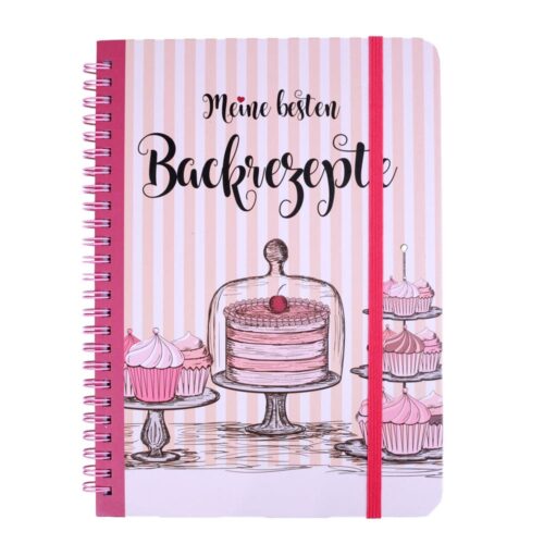 Spiralgebundenes Notizbuch mit „Meine besten Backrezepte“ und Abbildungen von Kuchen und Cupcakes auf dem Cover.