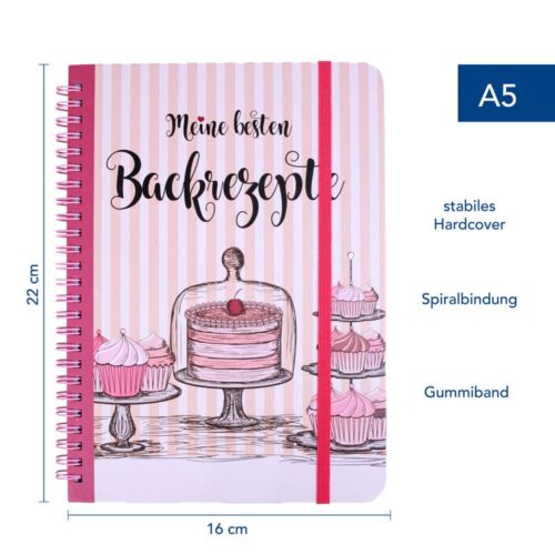 A5-Rezeptheft mit Cupcake-Illustration, rosa Streifen, Spiralbindung und Gummiband. Text: „Meine besten Backrezepte“.
