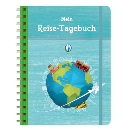 Illustriertes Reisetagebuch-Cover mit Fahrzeugen, die einen Globus umrunden und „Mein Reise-Tagebuch“ in weißer Schrift.