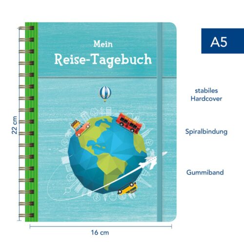 A5 Reisetagebuch mit Globus, Fahrzeugen und Text: „Mein Reise-Tagebuch“. Maße: 16x22 cm, Hardcover, Spiralbindung.