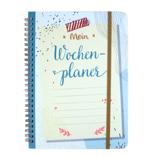 Spiralgebundener Wochenplaner mit deutschem Text „Mein Wochenplaner“ auf dem Umschlag.