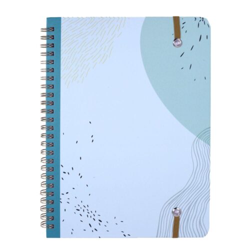 Spiralgebundenes Notizbuch mit abstraktem blau-weißem Coverdesign.