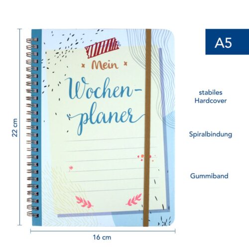 A5-Wochenplaner mit Spiralbindung, Hardcover und Gummiband, mit dekorativer Typografie.