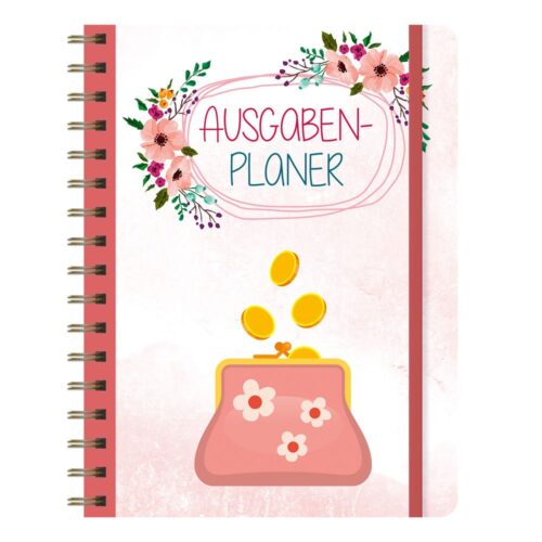 Umschlag für den Ausgabenplaner mit Blumenmuster und einer Illustration einer rosa Geldbörse und Münzen.