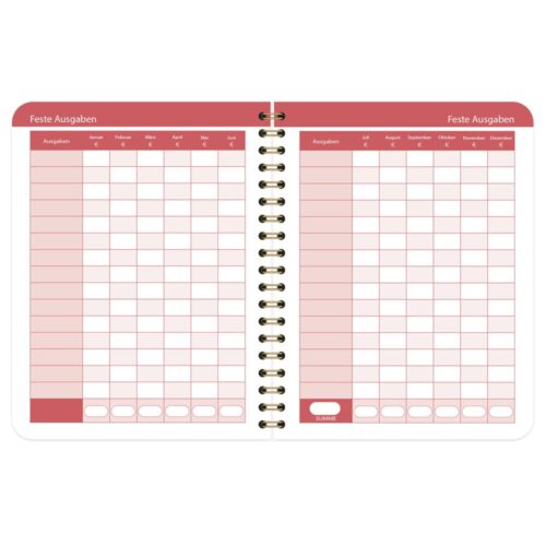 Offener Planer mit roten Abschnitten für monatliche Ausgaben, betitelt „Feste Ausgaben“, im Rasterlayout.