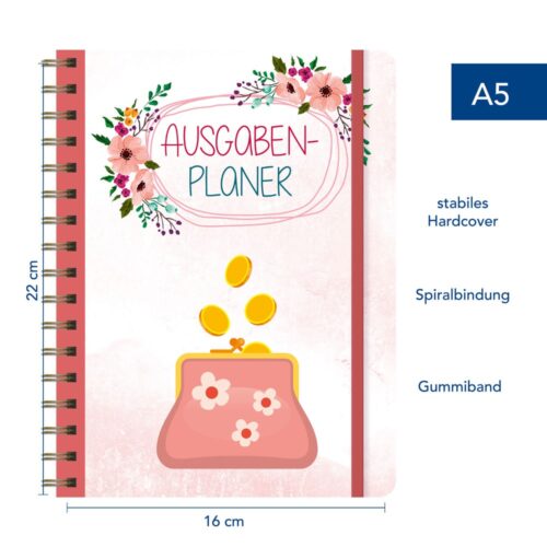 A5-Ausgabenplaner in deutscher Sprache mit Blumendesign und Geldbörsenillustration auf dem Umschlag.