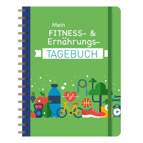 Grüner Fitness- und Ernährungstagebuch-Umschlag mit Trainings- und Lebensmittelillustrationen.