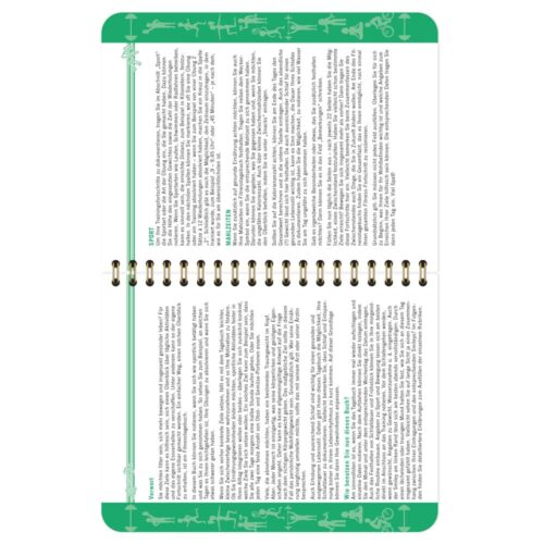 Offenes Heft mit Spiralbindung, Text in Spalten und grünem Rand mit Abbildungen.