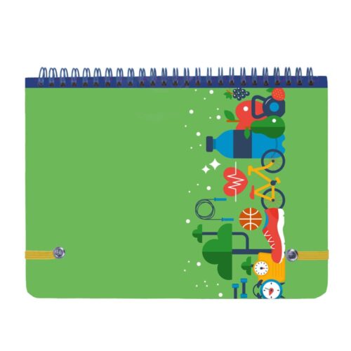 Grünes Notizbuch mit farbenfrohen Abbildungen von Sport- und Fitnessgeräten auf der rechten Seite.