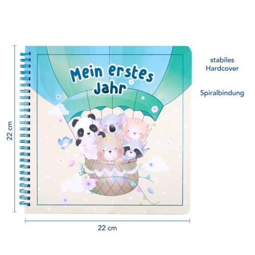 Kinderbuch mit dem Titel „Mein erstes Jahr“ mit Tieren in einem Heißluftballon