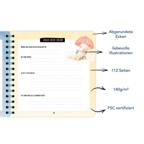 Offenes Notizbuch mit süßer Bärenillustration, abgerundeten Ecken und deutschem Text über die ersten Ferien eines Kindes.