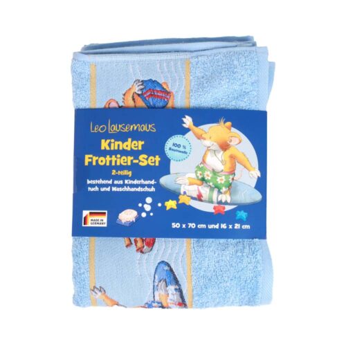 Blaues Kinderhandtuch-Set mit Cartoon-Maus-Design und Verpackung in deutscher Sprache.