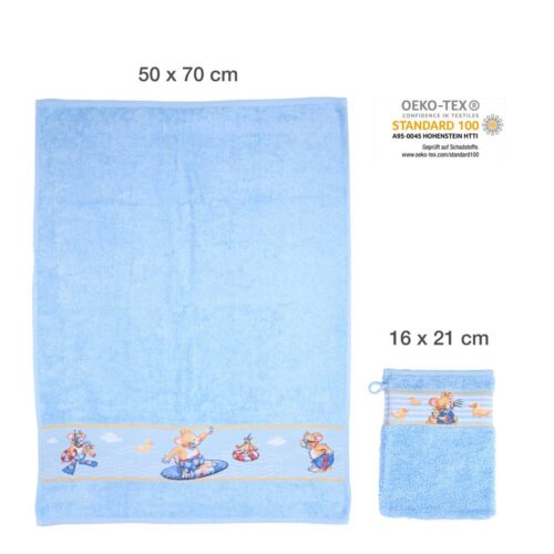 Blaues Handtuch und Waschlappen mit Cartoon-Design, gekennzeichnet mit OEKO-TEX Standard 100 und in den Maßen 50x70 cm und 16x21 cm.