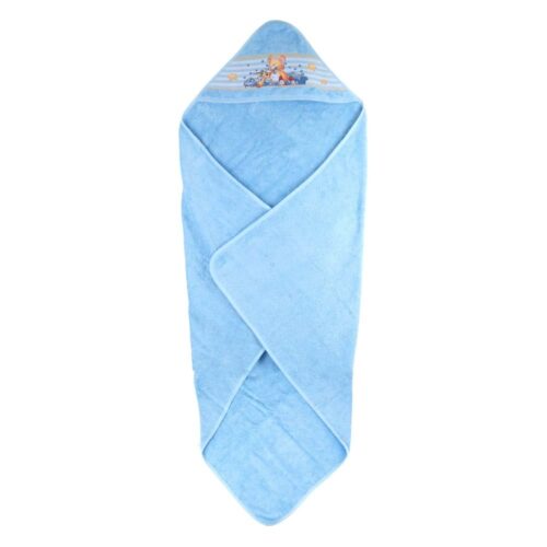 Blaues Babyhandtuch mit Kapuze und Cartoon-Design auf der Kapuze.