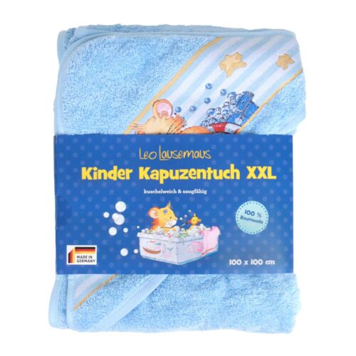 Blaues Kinder-Kapuzenhandtuch mit verspieltem Meeresleben-Design und der Aufschrift „Kinder Kapuzentuch XXL“. Hergestellt in Deutschland.