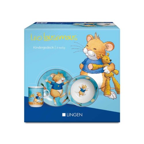 Box mit einem Kindergeschirr, auf dem eine Zeichentrickmaus abgebildet ist, die ein Stofftier auf blauem Hintergrund hält.