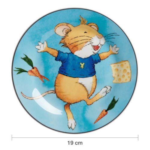 Illustrierte Maus im blauen Hemd, die mit Käse und Karotten auf einem blauen Teller mit 19 cm Durchmesser springt.