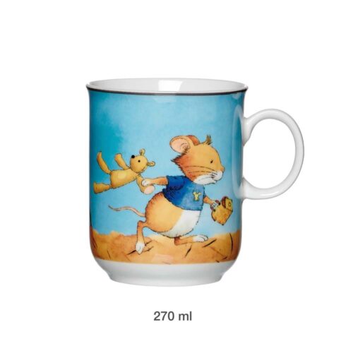 Keramiktasse mit einer Cartoon-Maus und einem Teddybären, die einen Käseblock halten. Fassungsvermögen: 270 ml.