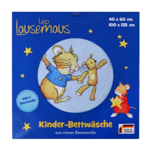 Blaue Verpackung der Kinderbettwäsche mit illustrierten Mäusen und Sternen.