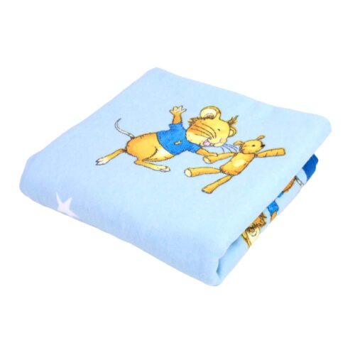Gefaltete blaue Decke mit einem Cartoon-Löwen und einem Känguru in verspielten Posen.