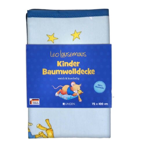 Kinder Baumwolldecke mit einer Cartoon-Maus unter einem blauen Himmel mit Sternen, mit der Aufschrift „Leo Lausemaus“.