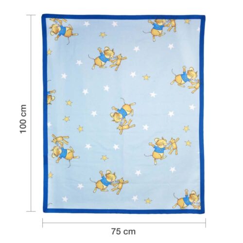 Blaue Babydecke mit Cartoon-Bären und Sternen, blau umrandet. Maße: 100 cm x 75 cm.