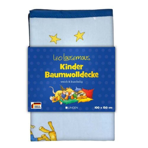 Verpackung einer Kinder-Baumwolldecke mit Cartoon-Tieren, Sternmuster und blauem Etikett.