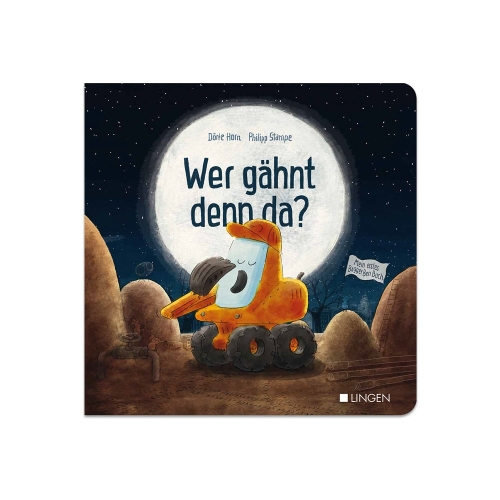 Ein Kinderbuchcover mit einem gähnenden LKW unter einem Sternenhimmel. Der Titel lautet „Wer gähnt denn da?“.
