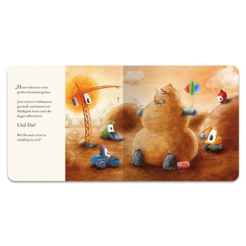 Illustrationen eines großen Bären mit Luftballons und kleinen Autos in einer skurrilen Landschaft aus einem Kinderbuch.