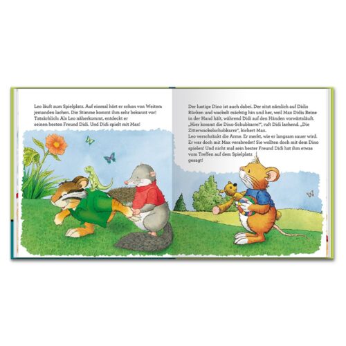 Illustration von Tieren, die in einem Park spielen und ein Kinderbuch mit lebendigen Farben und verspielten Szenen lesen.