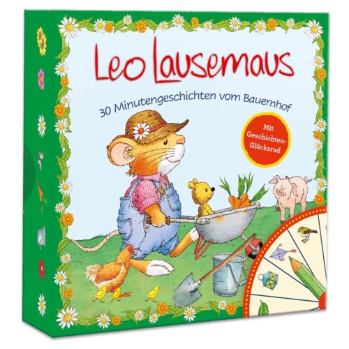 Farbenfrohes Kinderbuchcover mit einer Maus im Overall, die eine Schubkarre schiebt, umgeben von Bauernhoftieren und Blumen.