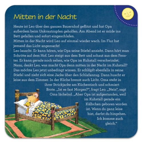 Illustration eines Jungen im Bett, der den Geräuschen der Nacht lauscht, mit einer auf Deutsch geschriebenen Geschichte über nächtliche Abenteuer auf dem Bauernhof.