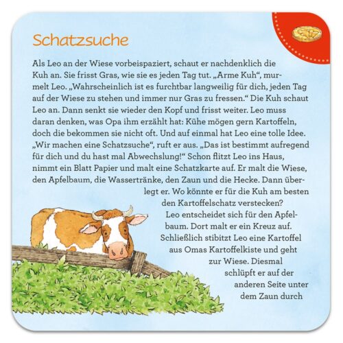 Illustration einer Kuh mit einer Textgeschichte über einen Jungen namens Leo und seine Abenteuer mit einer Schatzkarte.