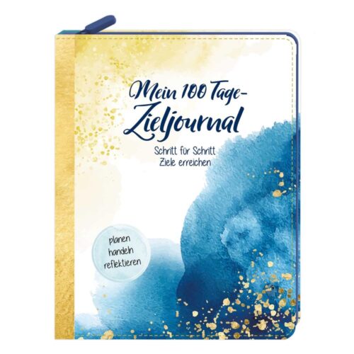 Farbenfroher Einband eines 100-Tage-Zieltagebuchs mit deutschem Text und blauen Aquarell-Designelementen.
