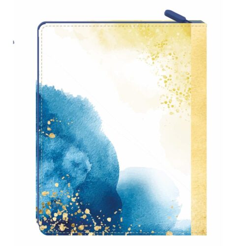 Notizbucheinband im abstrakten Kunstdesign mit blauem und gelbem Aquarelldesign, akzentuiert durch goldene Sprenkel.