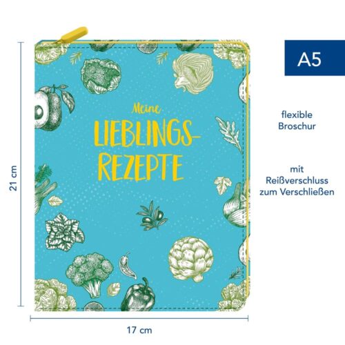 A5-Kochbuch mit gelbem Text und grünen Gemüseillustrationen auf blauem Einband. 21 cm x 17 cm.