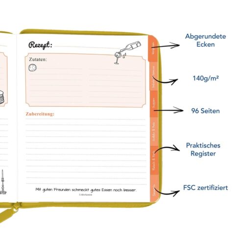 Offenes Kochbuch mit gekennzeichneten Features wie abgerundeten Ecken, 140g/m² Papier, 96 Seiten, praktisches Format, FSC zertifiziert.