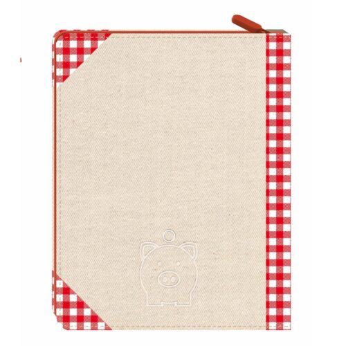 Beiges Notizbuch mit rot kariertem Rand und einer Sparschwein-Illustration auf dem Cover.