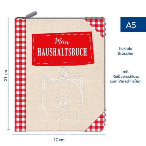 Ein beige-rot kariertes Notizbuch mit Sparschwein-Motiv und dem Text „Mein Haushaltsbuch“ auf dem Umschlag, Größe A5.