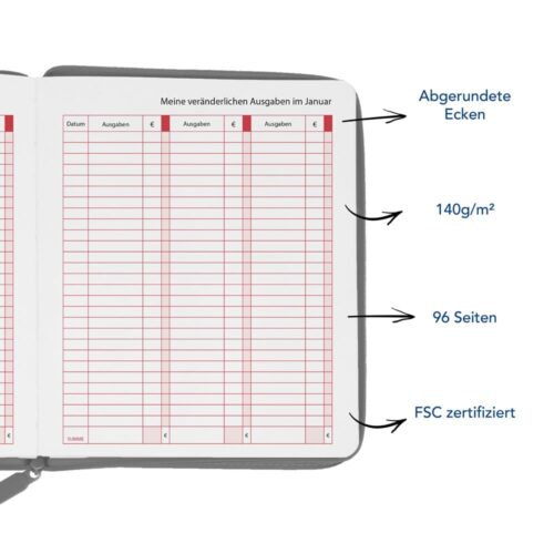 Offenes Notizbuch mit einer Tabelle mit der Aufschrift „Meine veränderlichen Ausgaben im Januar.“ Zu den Merkmalen gehören abgerundete Ecken und eine FSC-Zertifizierung.