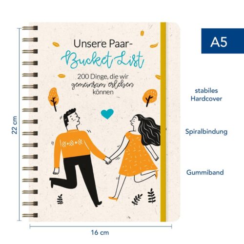 Illustriertes Cover des Bucket-List-Tagebuchs eines Paares auf Deutsch, mit einem Händchen haltenden Paar.